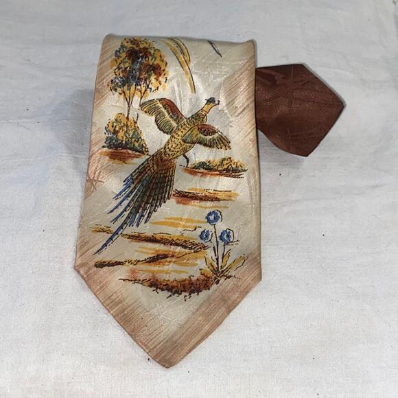 Vtg Gildners Necktie Silk Hand Printed Brown Pheasant Changeant Weave 53 x 4 - Picture 1 of 7